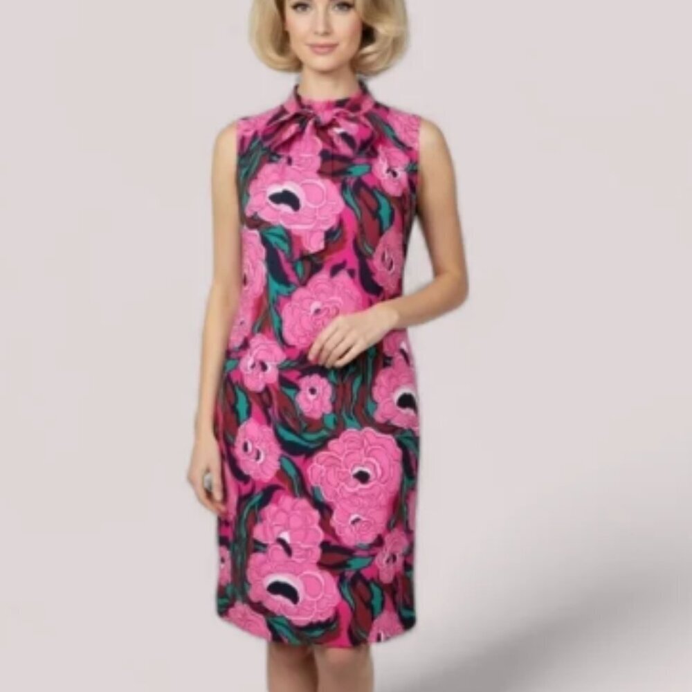 Talbots Floral Midi Dress Sleeveless Matching Tie/Belt Pink Mod size 14P - Picture 2 of 6